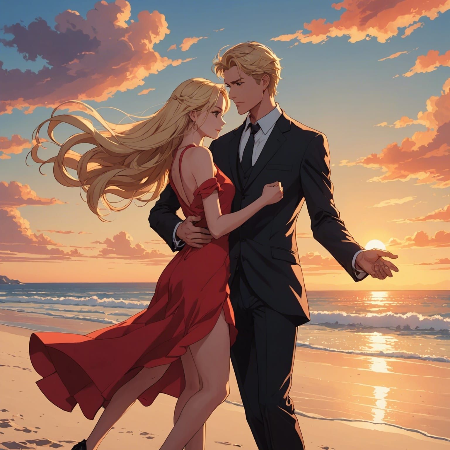 Woman and Man Dancing on Beach at Sunset