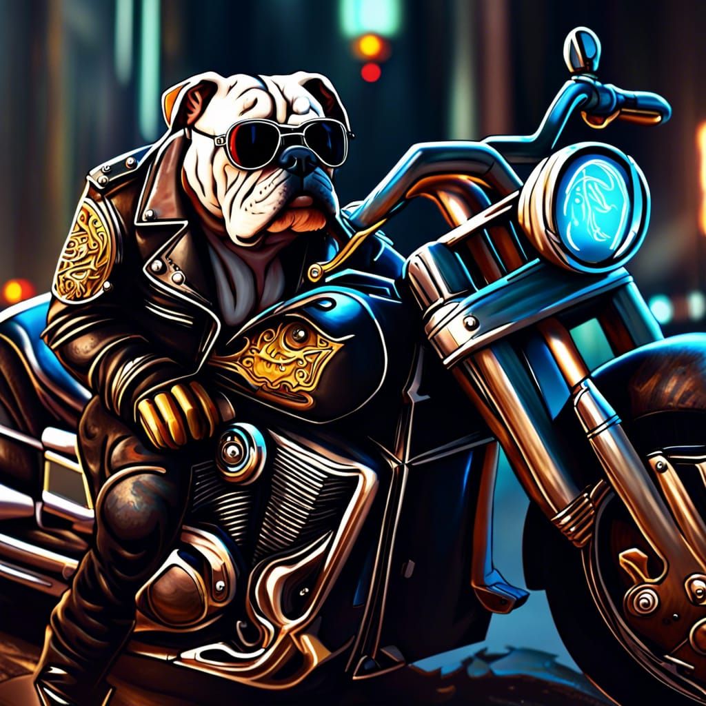 Bulldog Biker on Chopper in Dark Fantasy Art