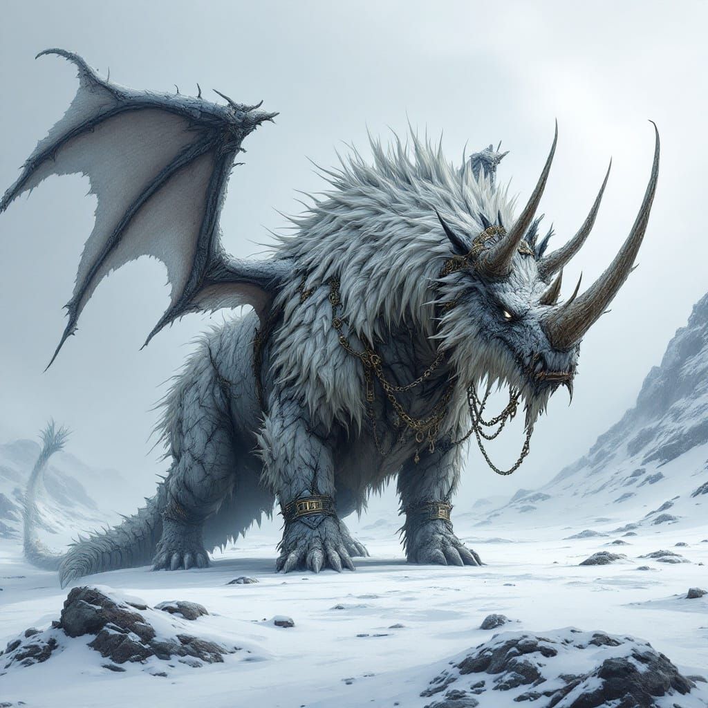 Majestic Woolly Rhino Dragon Hybrid in Dark Fantasy Setting