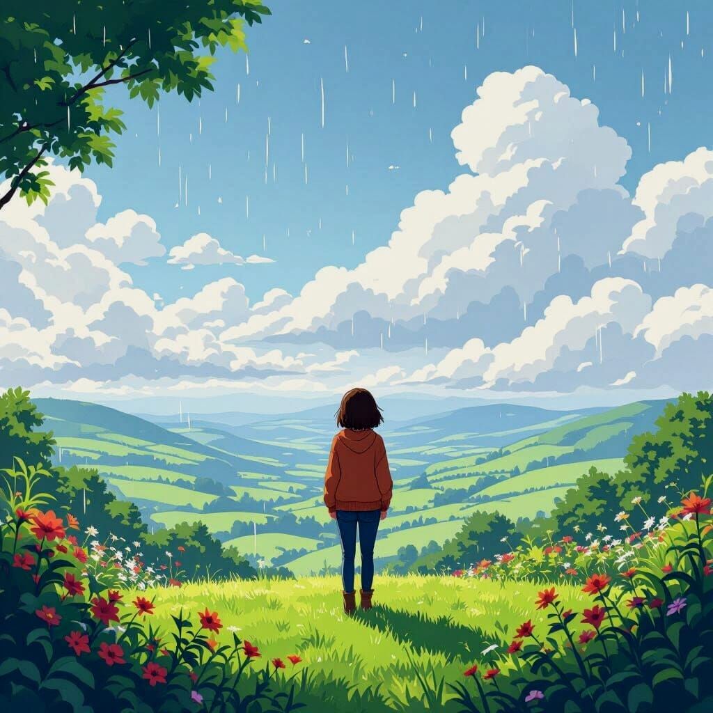Girl Gazing at Rainy Hillside Landscape