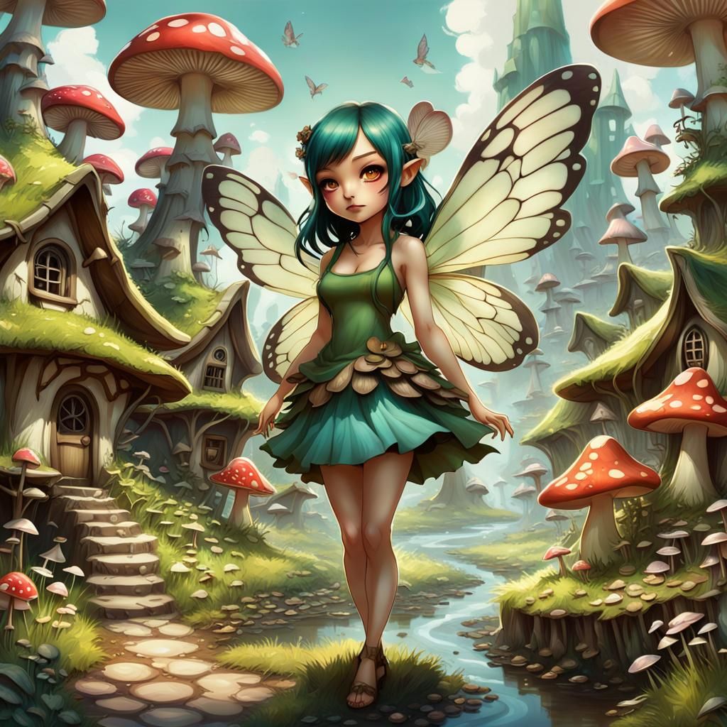 (full body shot:1.9) Stanley Lau, Artgerm, WLOP, Greg Rutkowski; Beautiful fairy with wings surrounded by mushroom house...