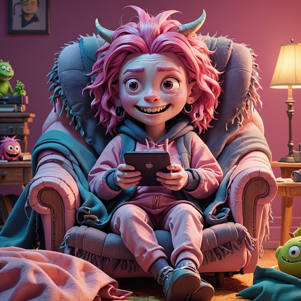 Pink-Haired Monster Girl in Recliner: 3D Digital Art
