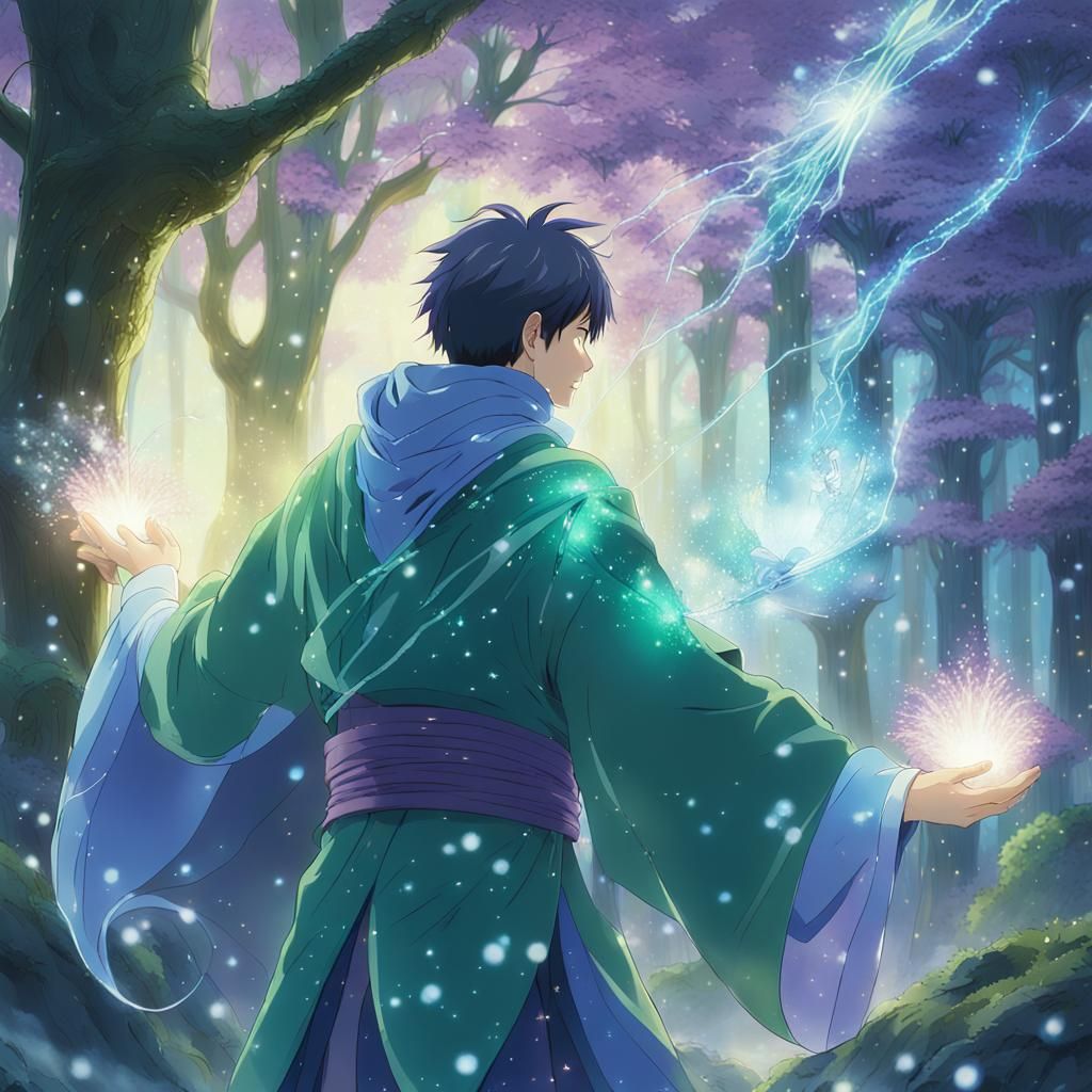 mysterious mage casting a powerful spell, surrounded by magi...