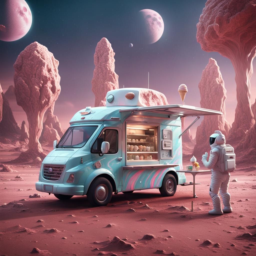 A futuristic ice cream van on the moon.