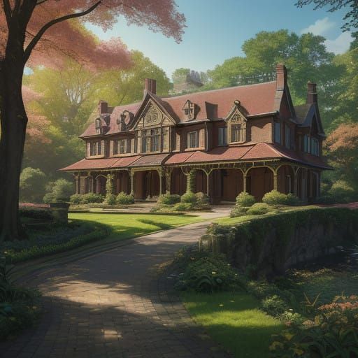 Majestic Victorian Mansion in Vibrant Orange Forest