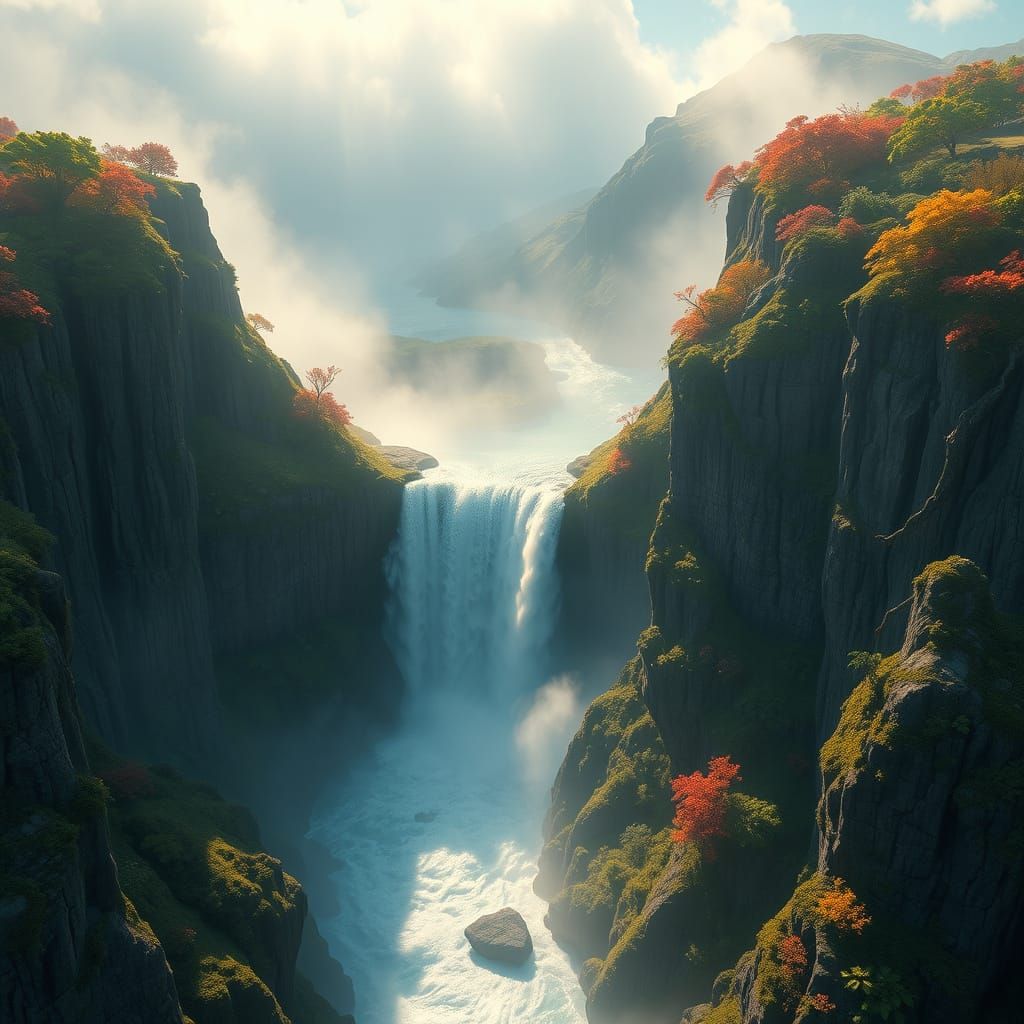 Majestic Waterfall Cascade in Vibrant Landscape