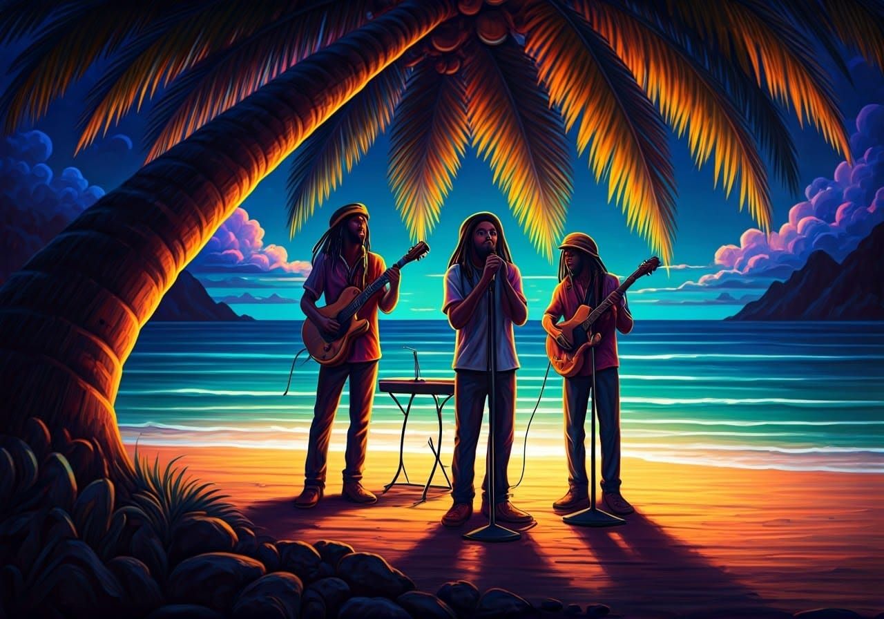 Reggae Band Performs on Neon Tropical Beach