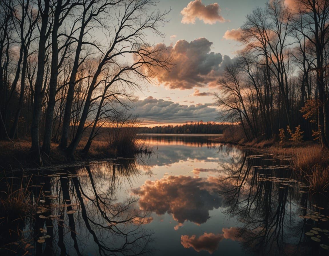 Sunset Lake with Dramatic Clouds, Cinematic Film Still