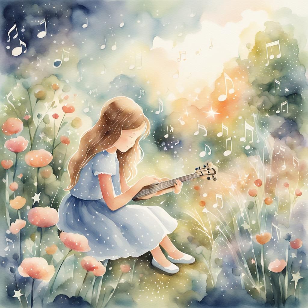Girl in Garden with Diamond Music Notes, Watercolor