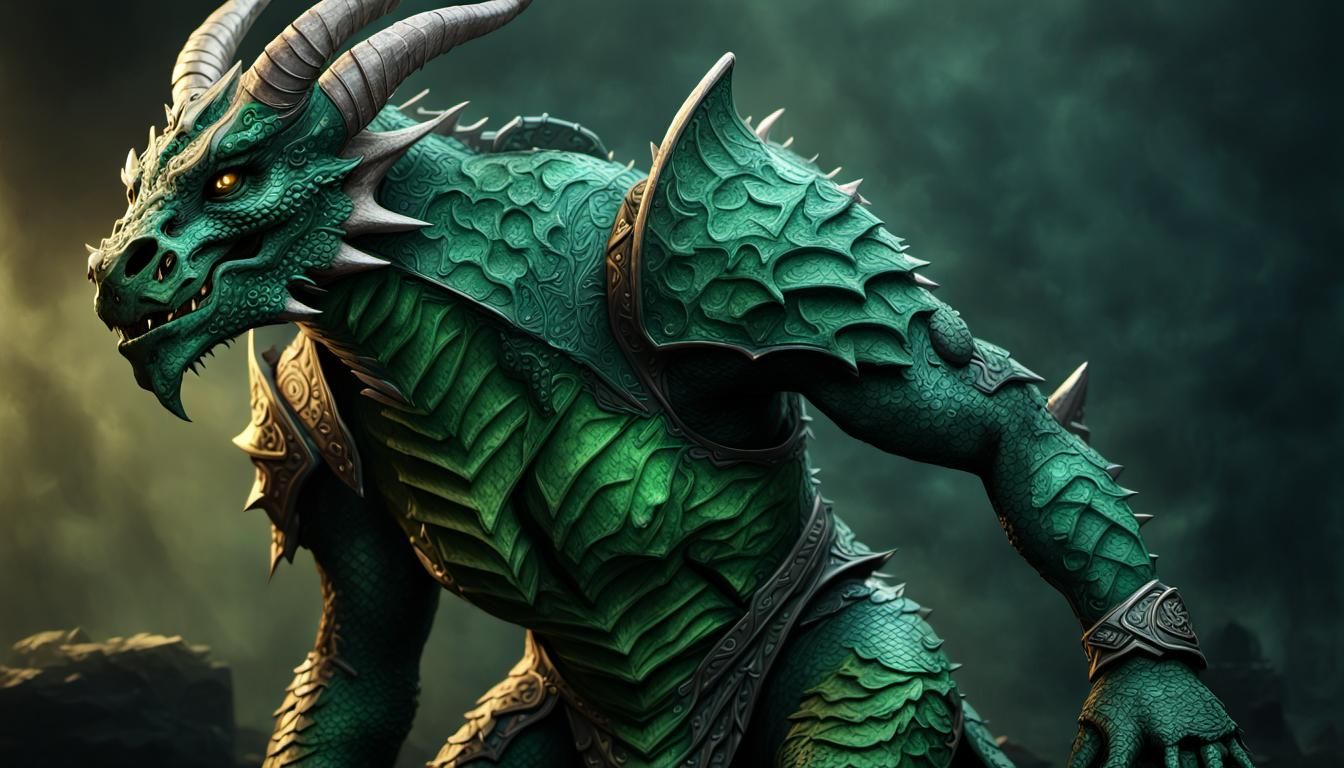 A dark green dragonborn in a standing position