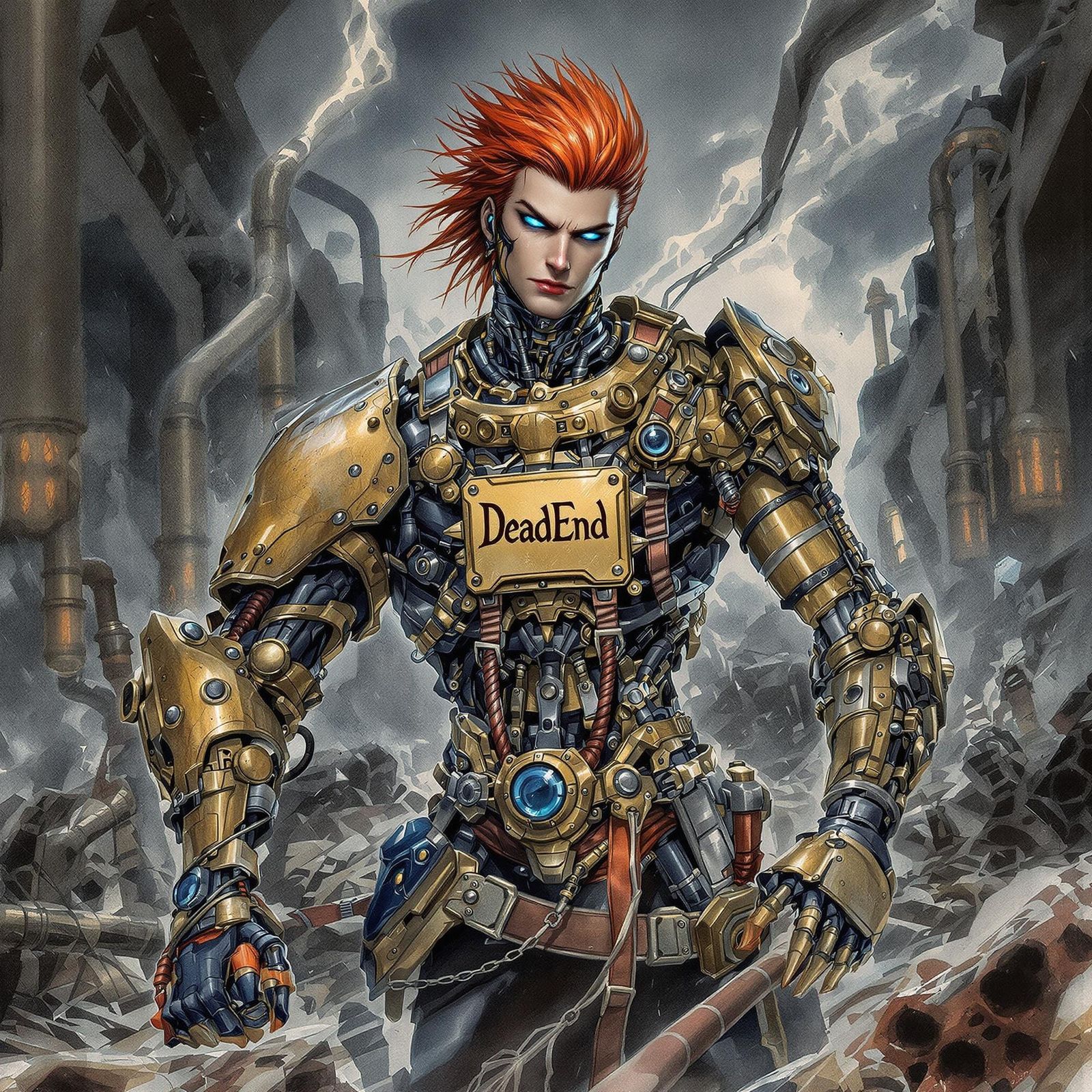 Elegant Biomechanical Hero in Stormy Steampunk Battlefield