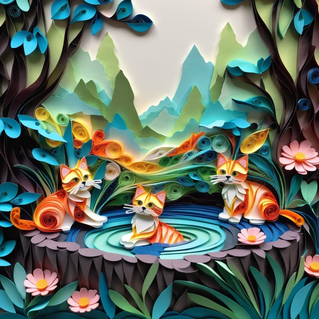 Whimsical Quilling Art of Kittens in Milk Spring Paradise