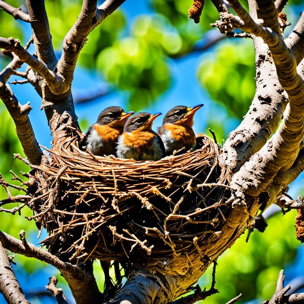 Three Nestling Robins Await Food in Spring