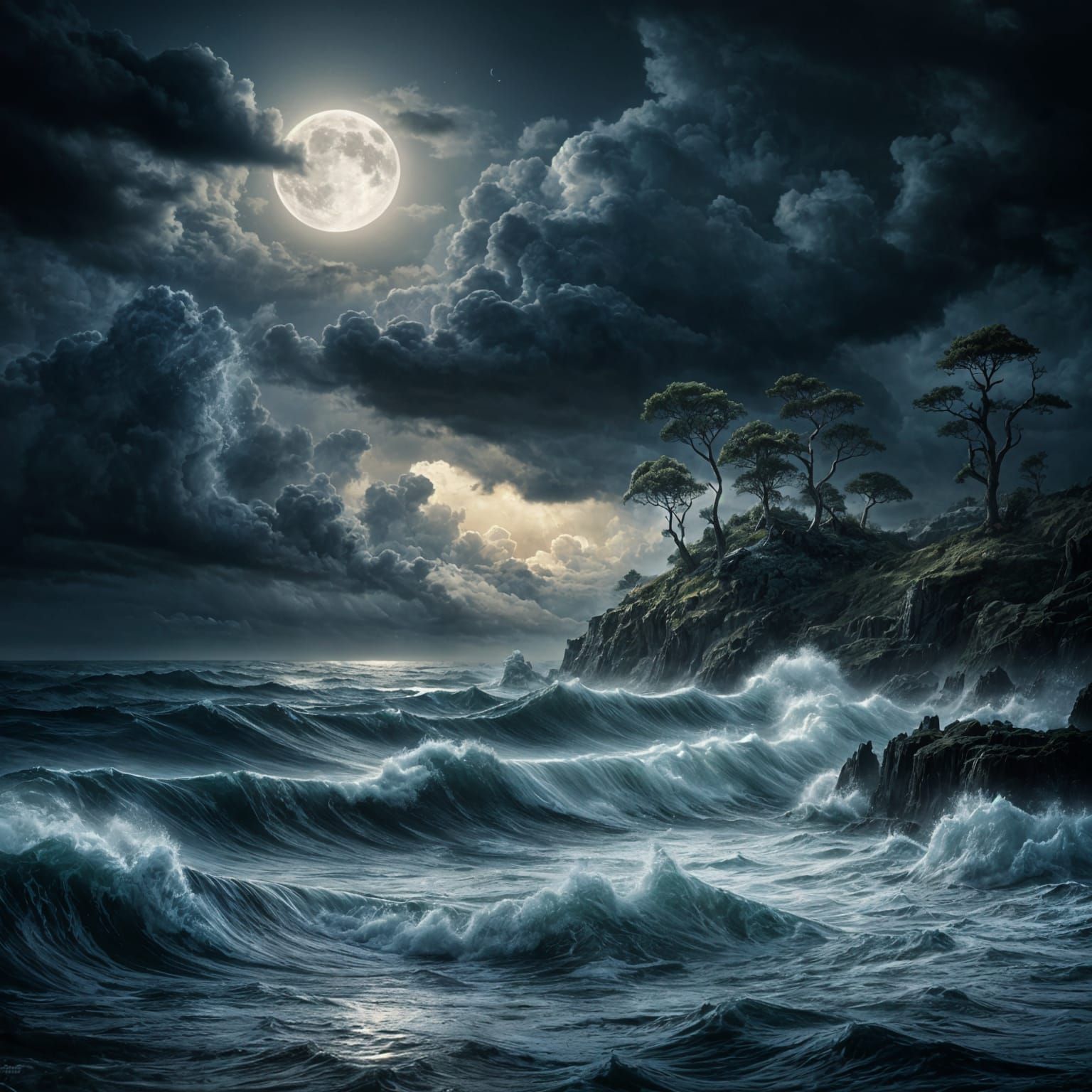 Moonlit Stormy Seascape: Dramatic Digital Painting