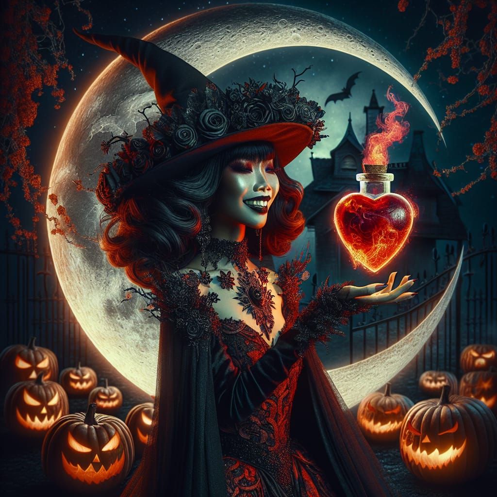 Mystical Witch With Fiery Potion on Crescent Moon Night