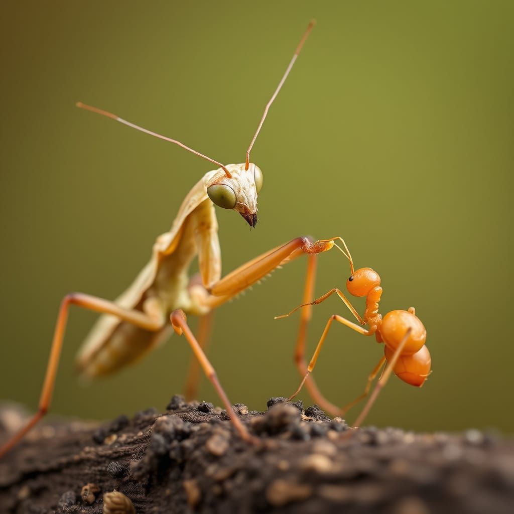 Preying Mantis Observes Ant in Close-Up