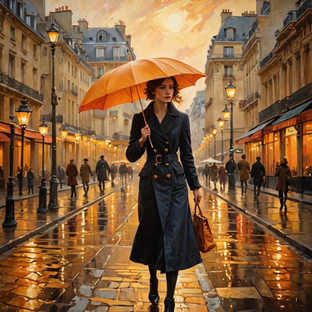 Woman Under Golden Parisian Lights in Impressionist Style