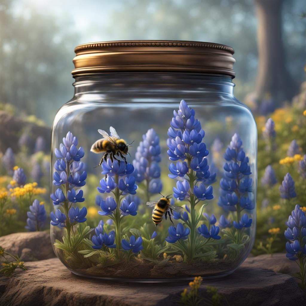 Bluebonnets in Jar with Bees: Detailed Matte Painting
