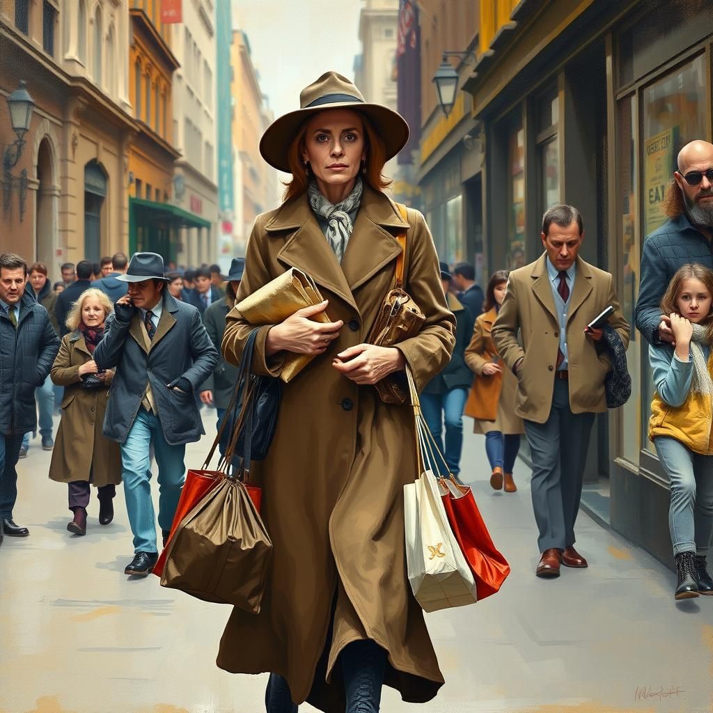 Woman Striding Through City, Oil and Pixel Art