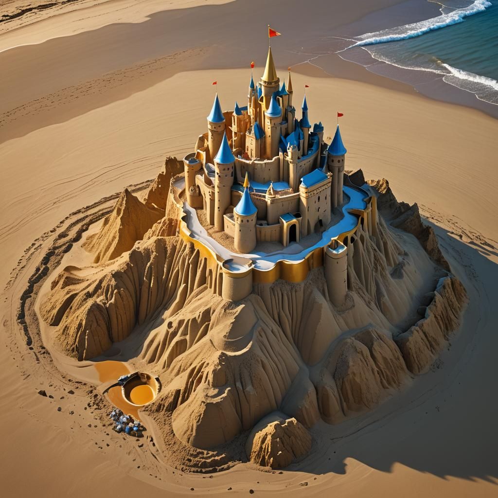 Golden Coffee Cup Sandcastle on a Beach
