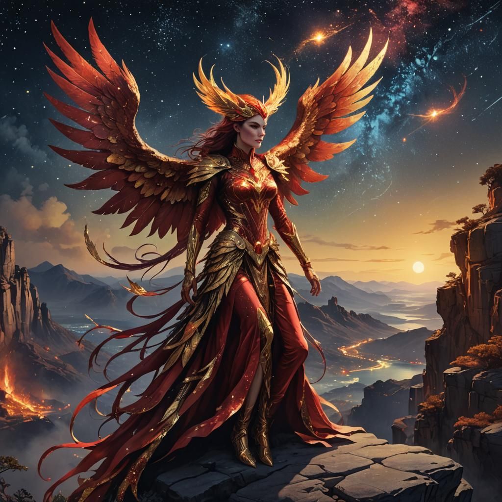 Glitter Phoenix Woman Under the Stars as Watercolor