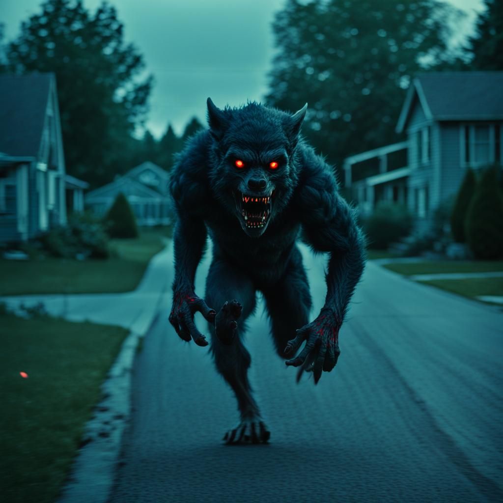 Werewolf Sprinting Through Suburbs at Dusk