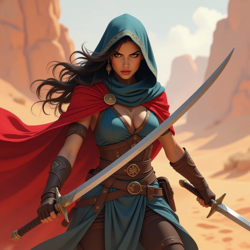 Redguard Warrior Wields Twin Scimitars in Desert