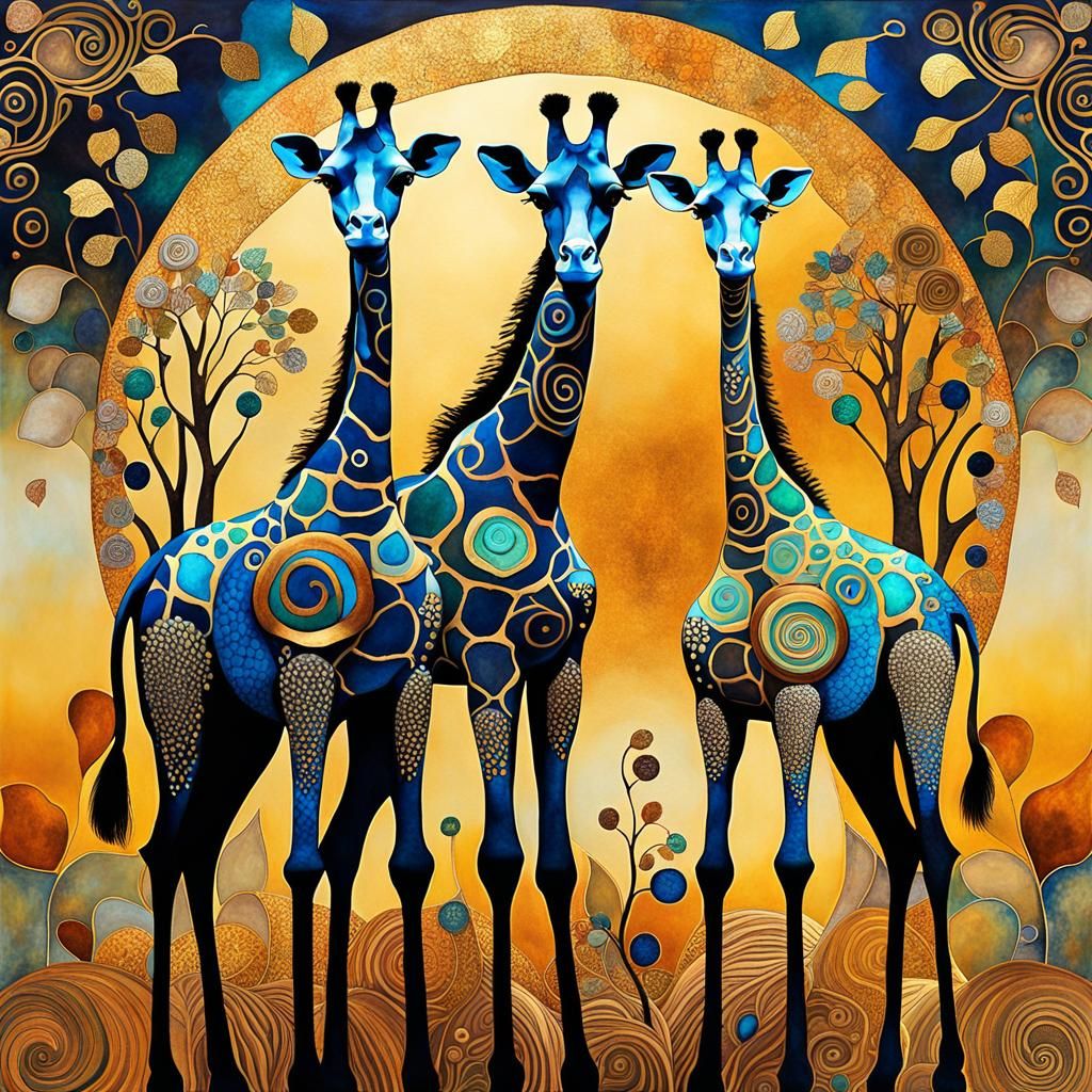 Klimt-Inspired Giraffes in Whimsical African Savanna