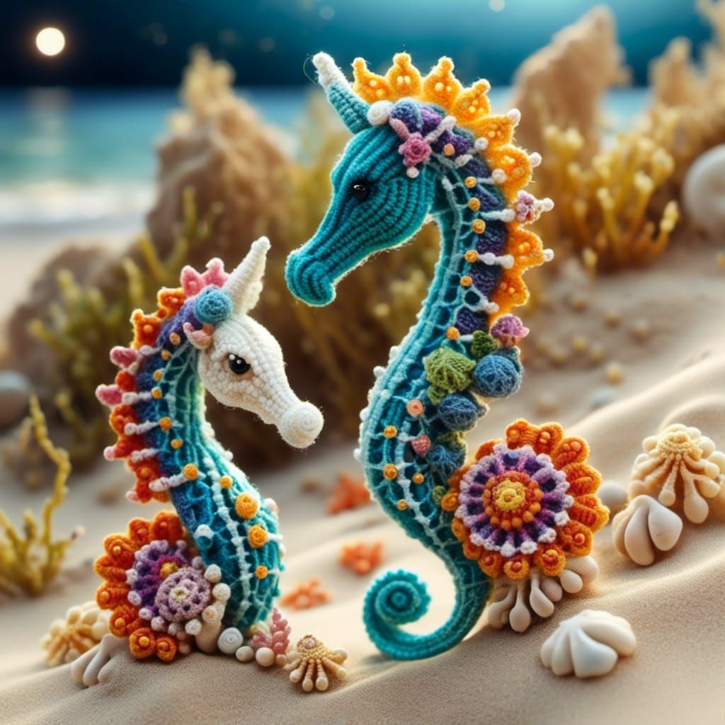 Whimsical Crochet Seahorse Family on Cosmic Beach