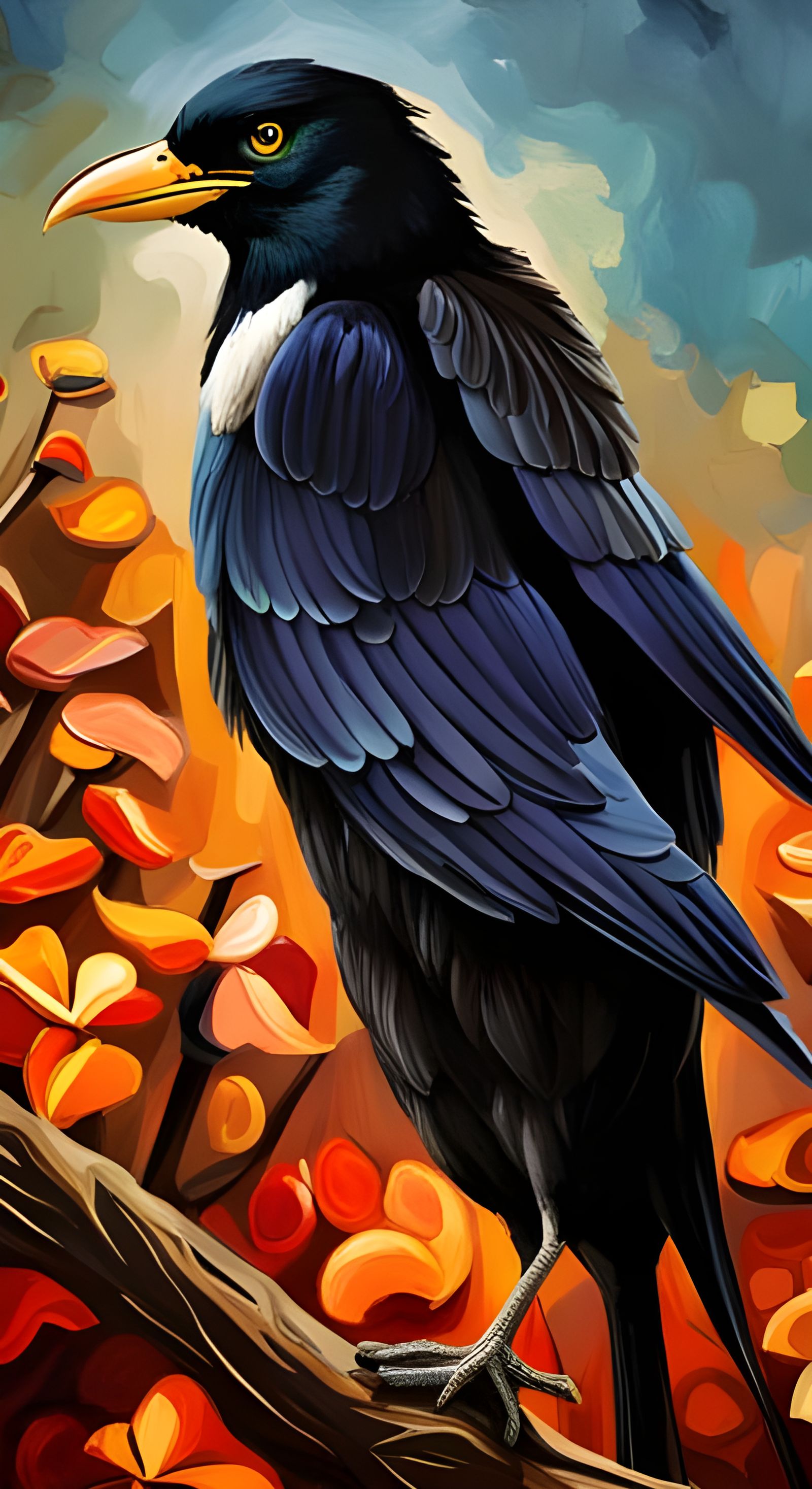 Cyberpunk Autumn Raven with Leaf Feathers