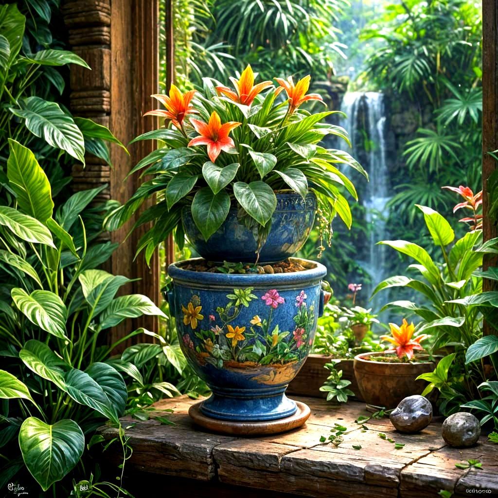 Miniature Jungle Waterfall in Flower Pot, Impressionist Styl...