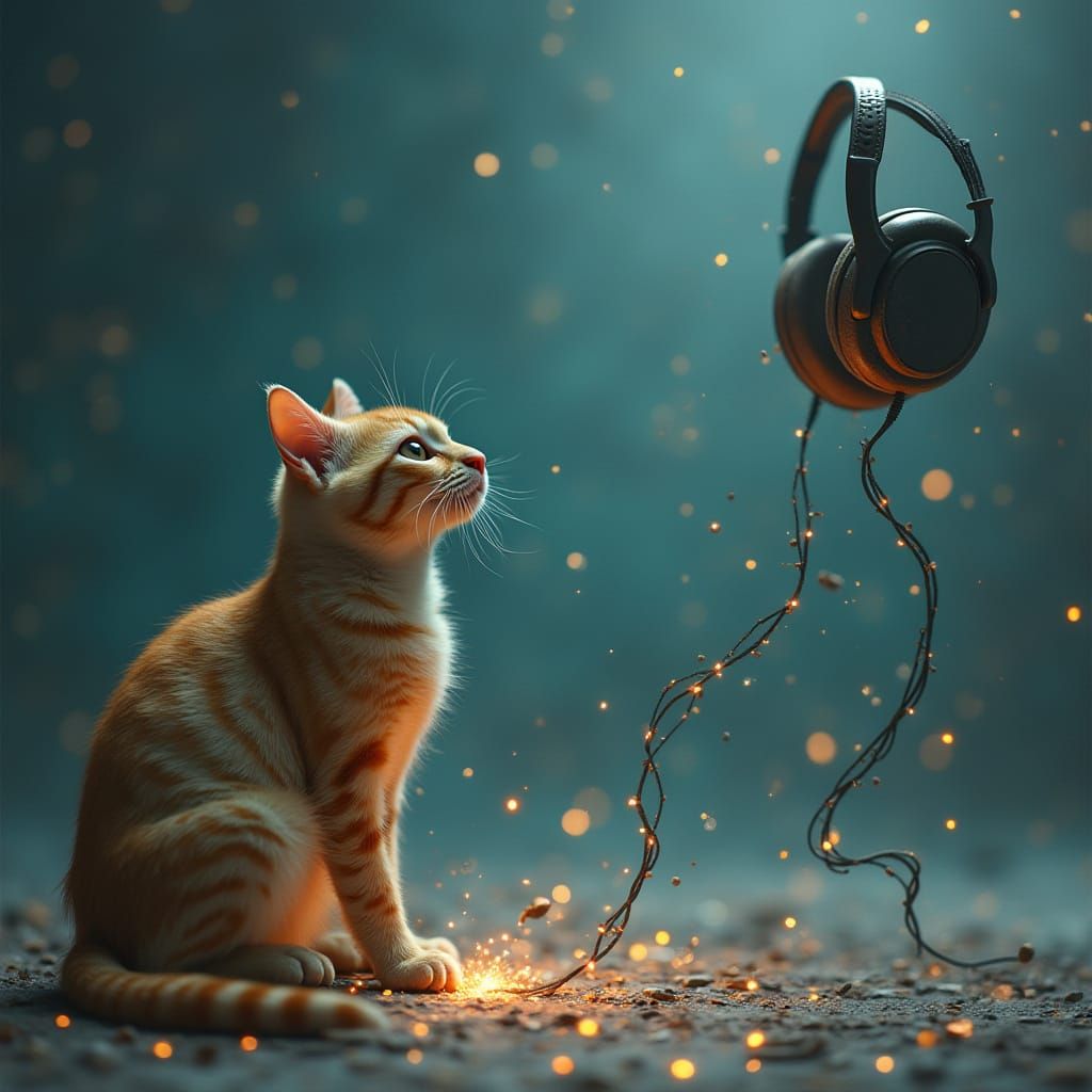 Whimsical Cat Battles Hovering Wireless Headphones