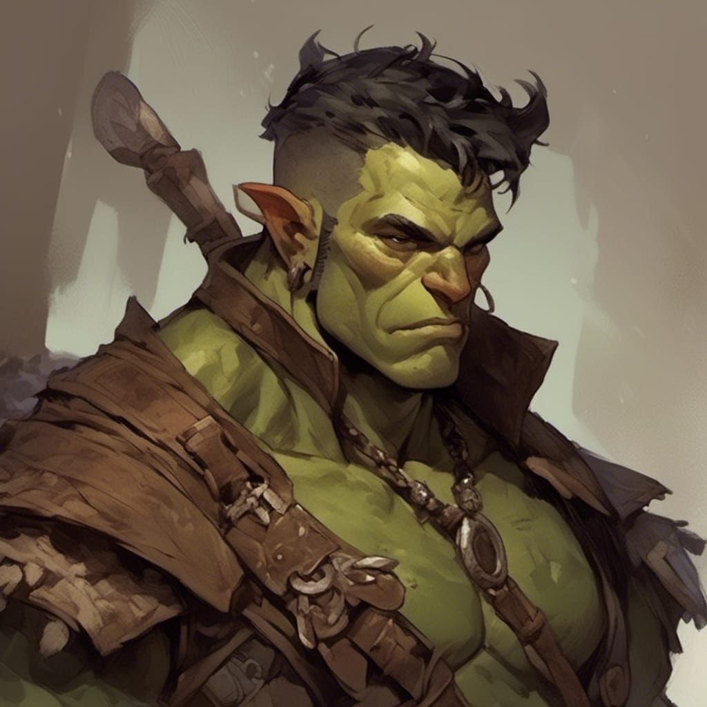 Heroic Half-Orc Barbarian Portrait in D&D Style