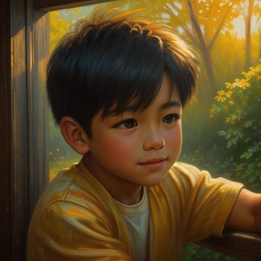 Impressionist Painting of a Boy Playing in Golden Hour Light