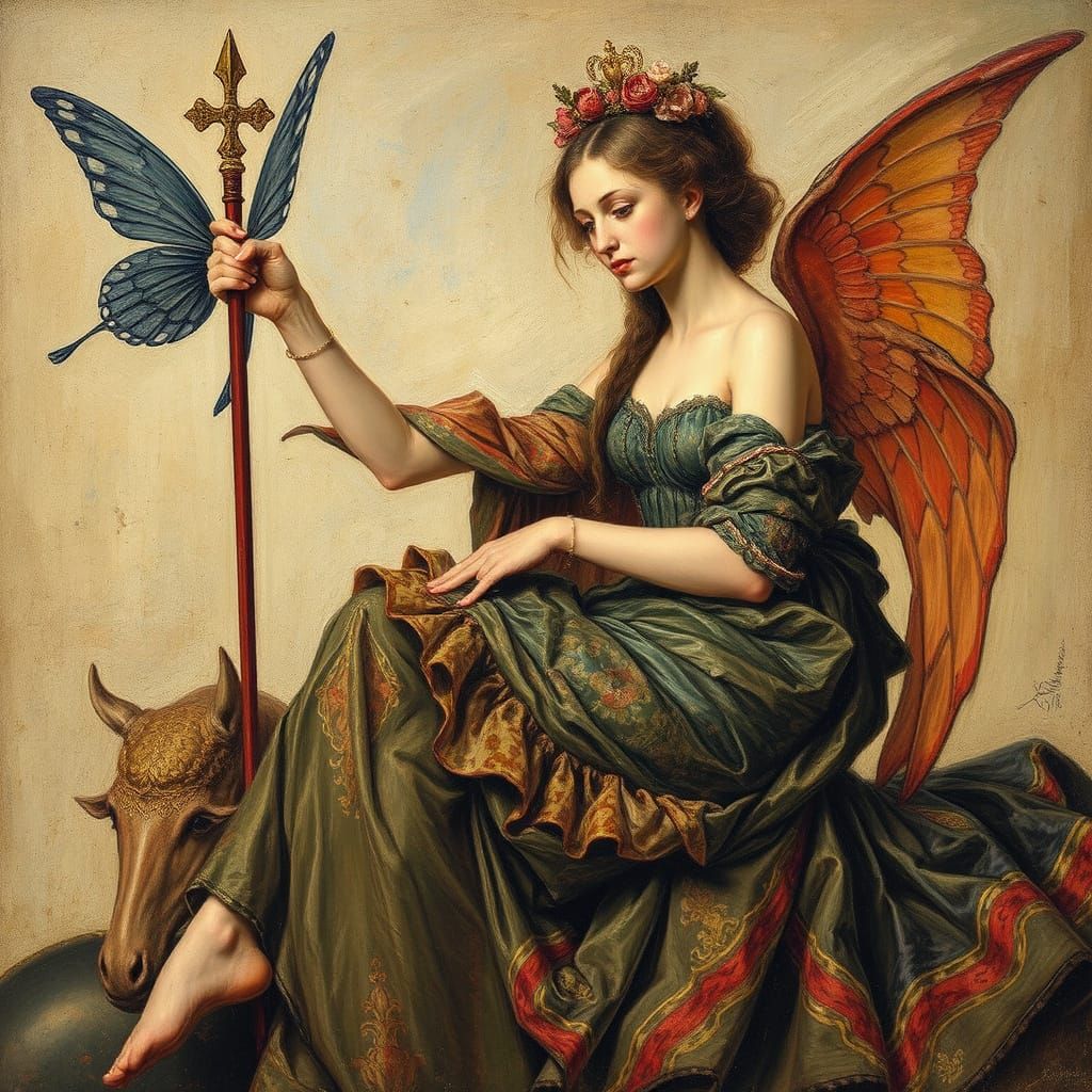 Pointillist Allegory Oil Painting in Felicien Rops Style