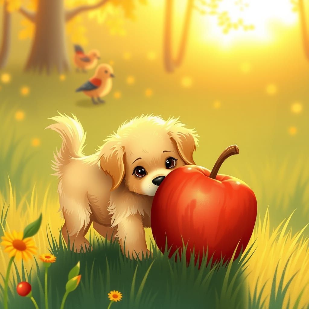 Fluffy Puppy Plays with Giant Apple in Golden Hour Meadow