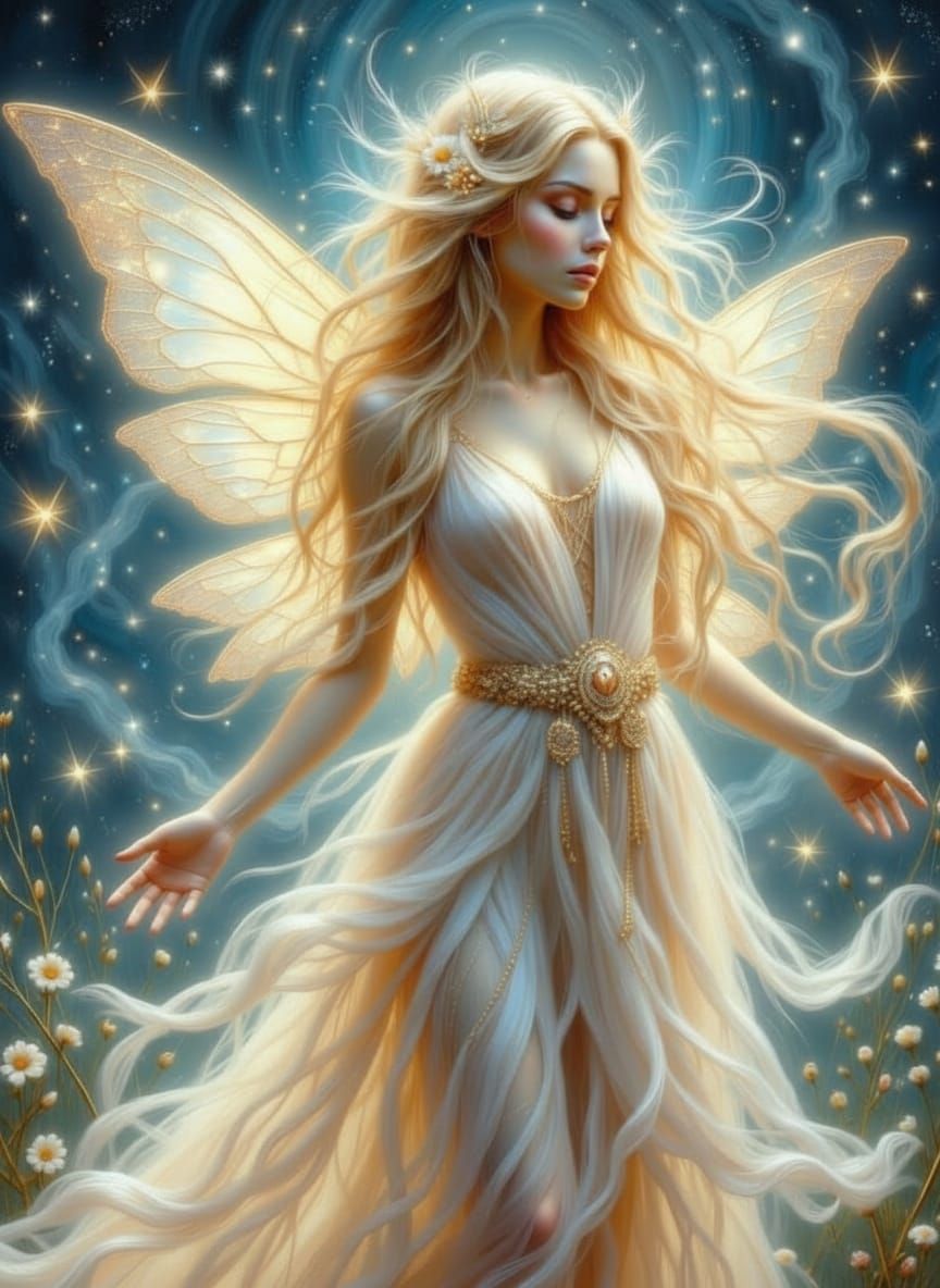 Moon Fairy with Starlight Hair and Filigree Wings