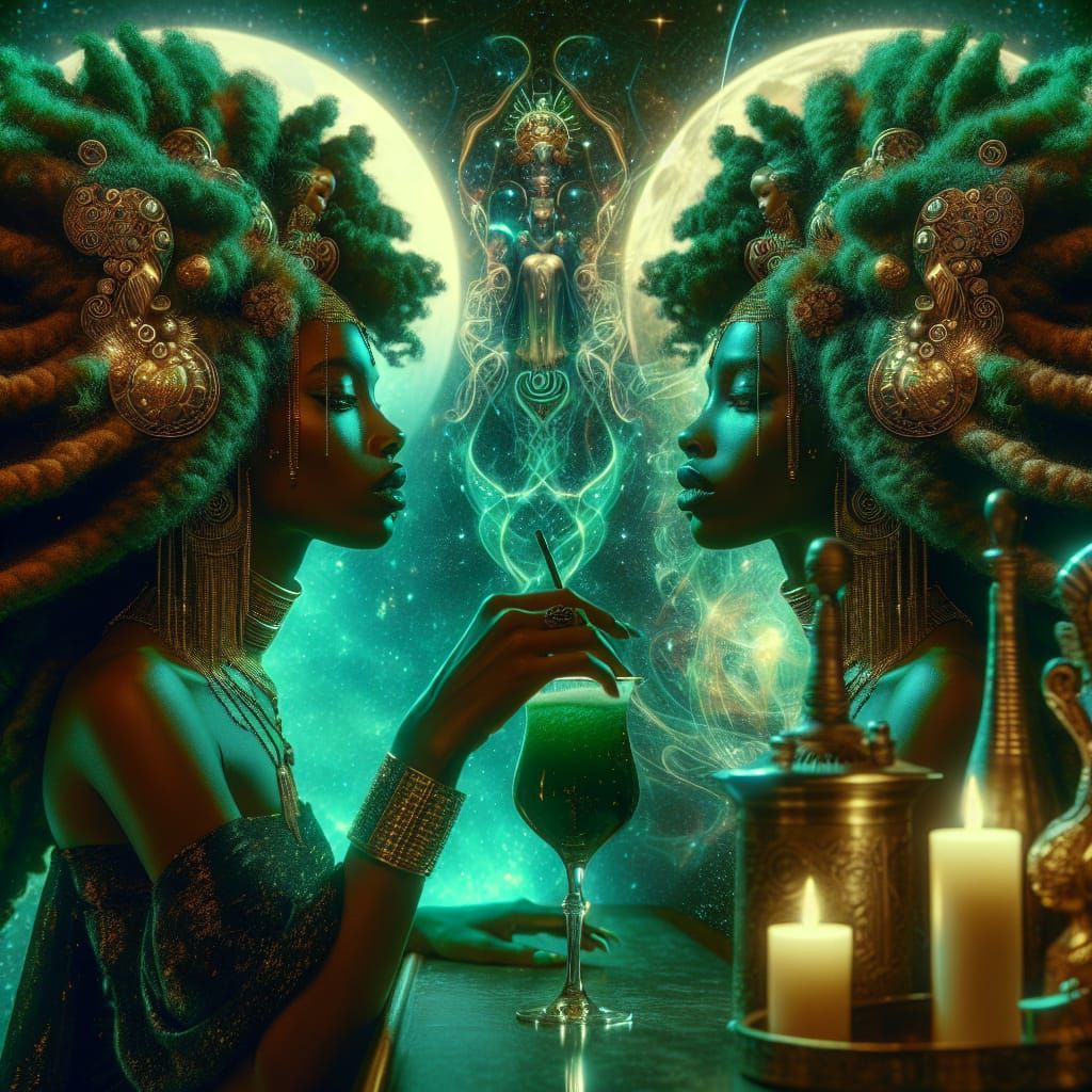Goddess with Locs at Cosmic Bar in Afrofuturist Style