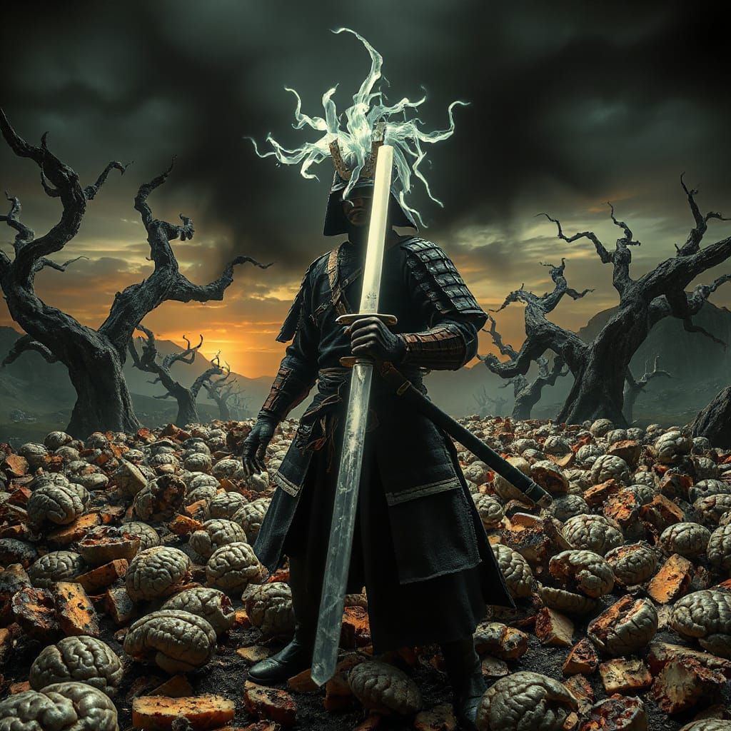 Samurai Warrior in Surreal, Nightmarish Landscape