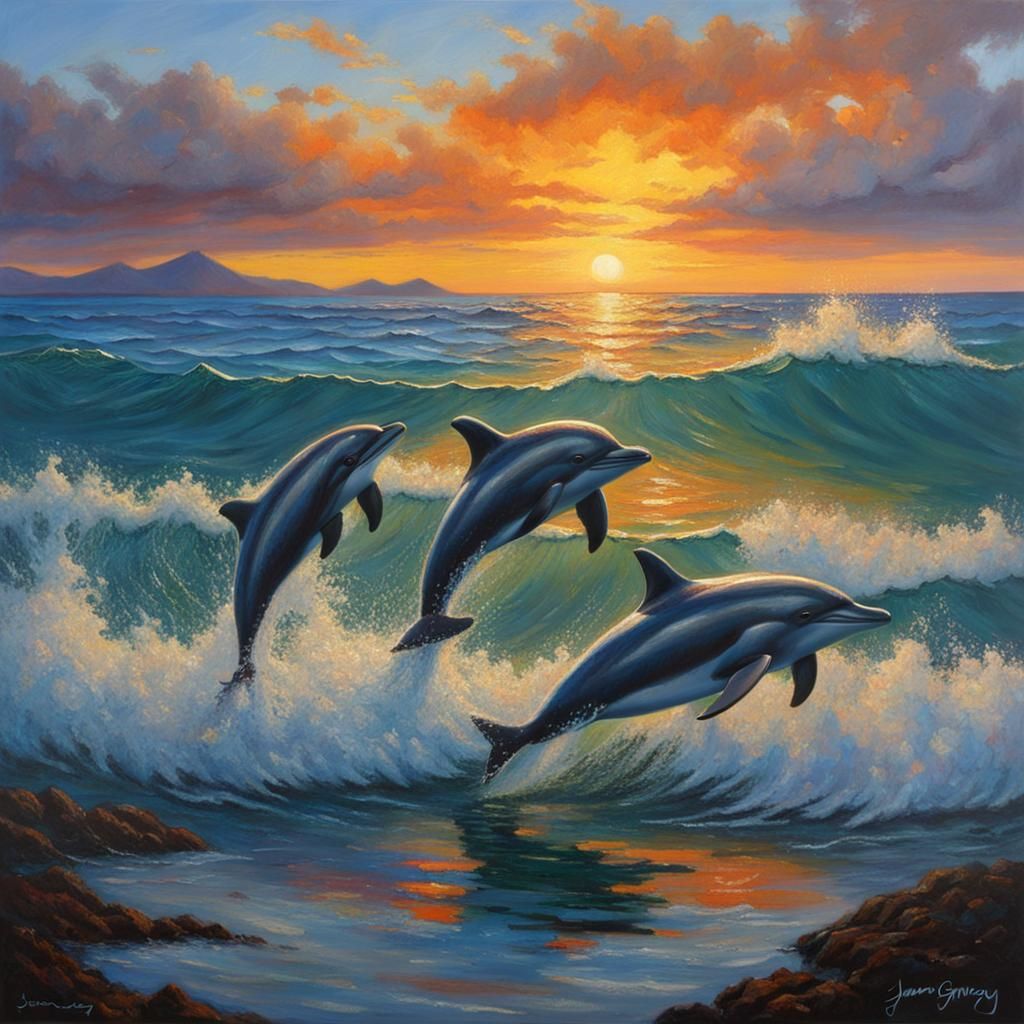 Maui Sunset Dolphins in Oil Painting Style