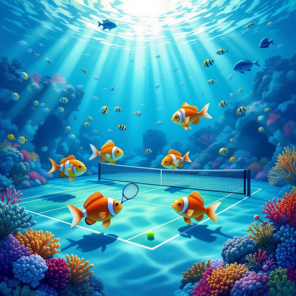 Fish Play Tennis on Underwater Court in Fantasy