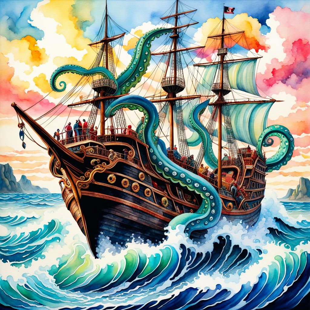 Kraken Tentacles Pulling Pirate Ship Into Ocean