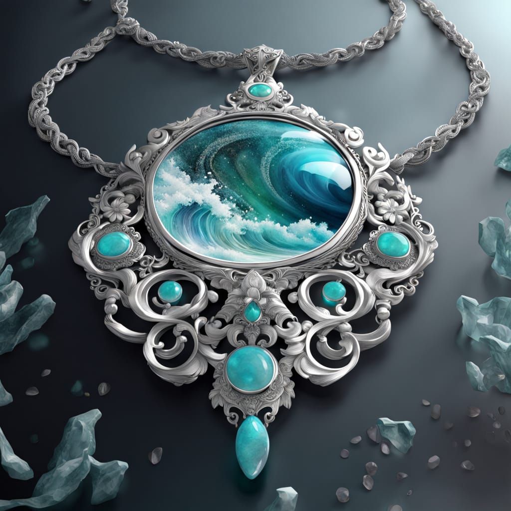 Ornate Turquoise Necklace: Silver Wave in Mixed Media
