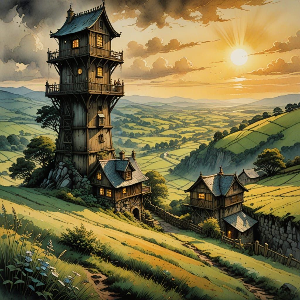 Medieval Watchtower Amidst Golden Light