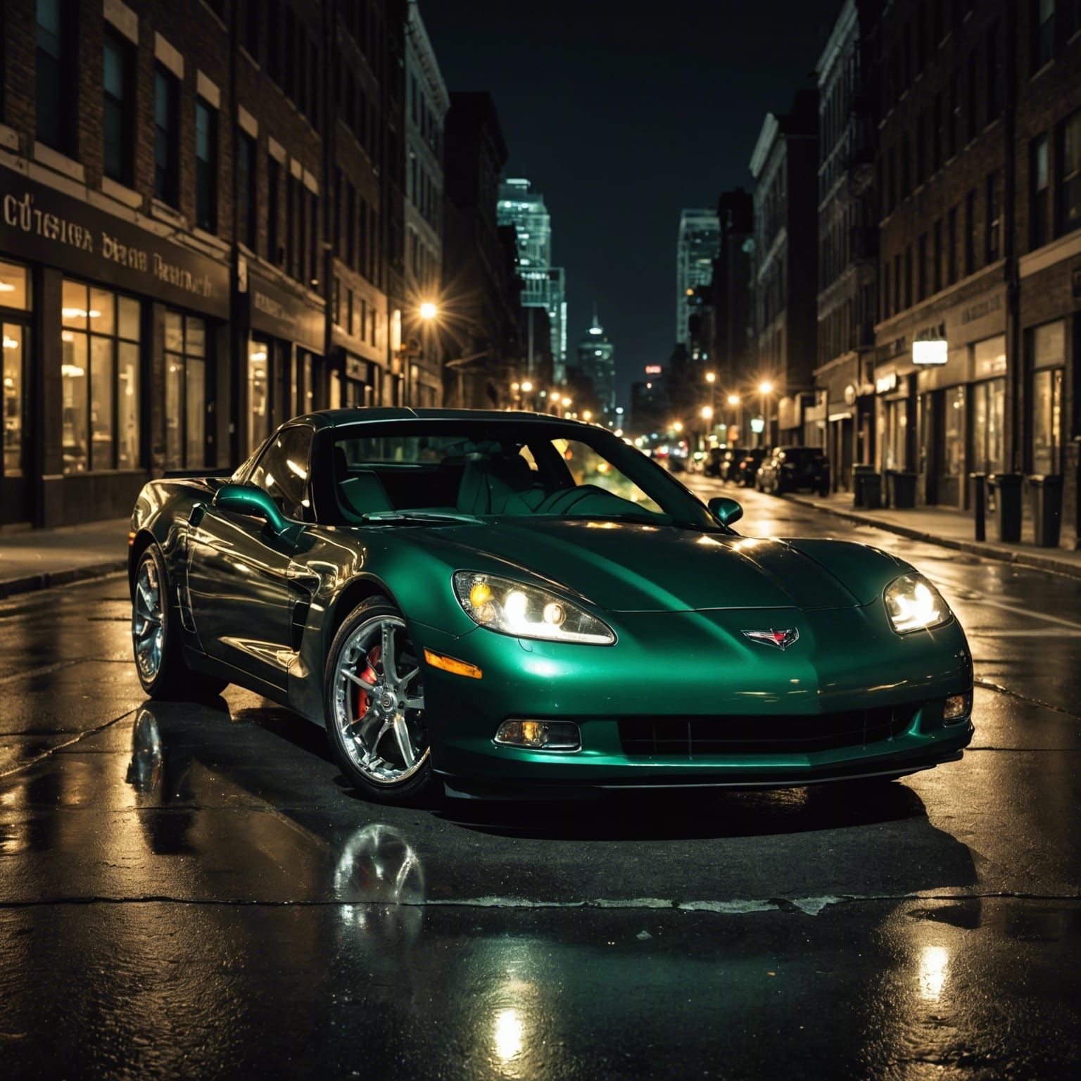 Dark Green Corvette Coupe in Grimy Cityscape