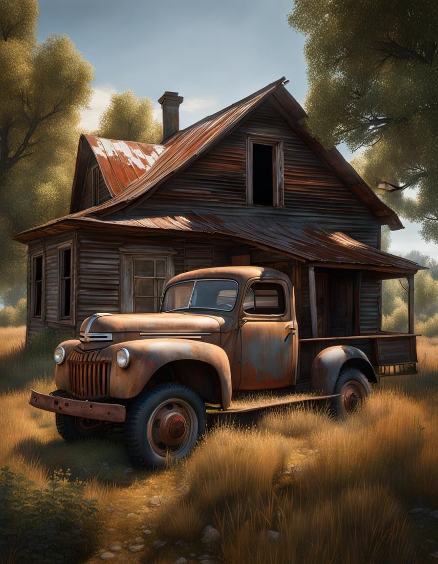 Abandoned House and Truck in Detailed Oil Painting