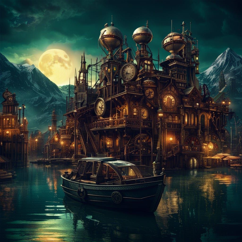 Steampunk Metropolis on Lake Under Moonlight