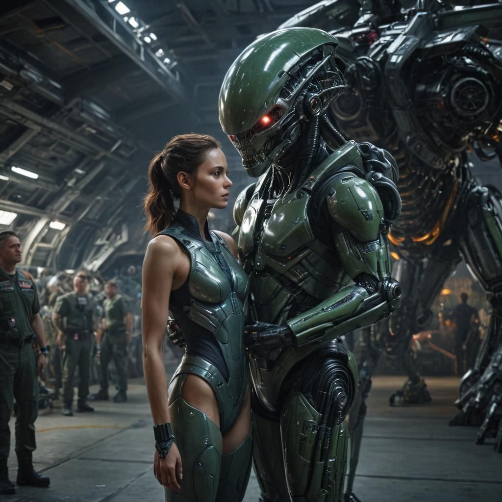 Hyperrealistic Alien Couple in a Military Hangar
