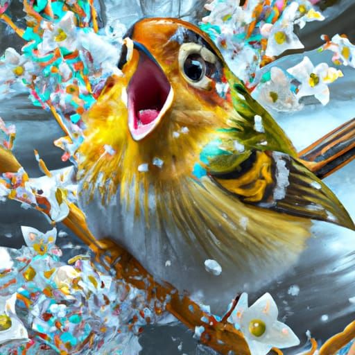 Joyful Bird Singing in Snowy Spring, Digital Art