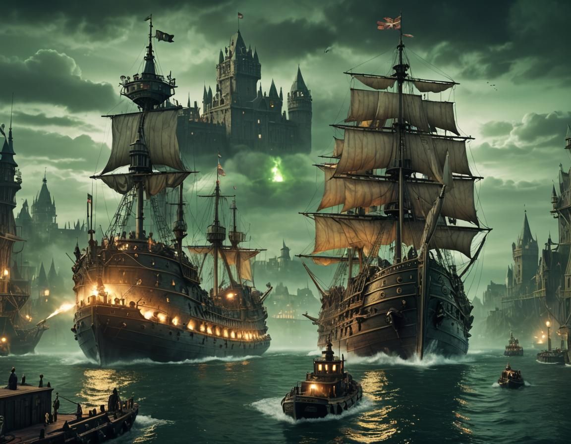 Steampunk Viking Battleship with Distant Castle